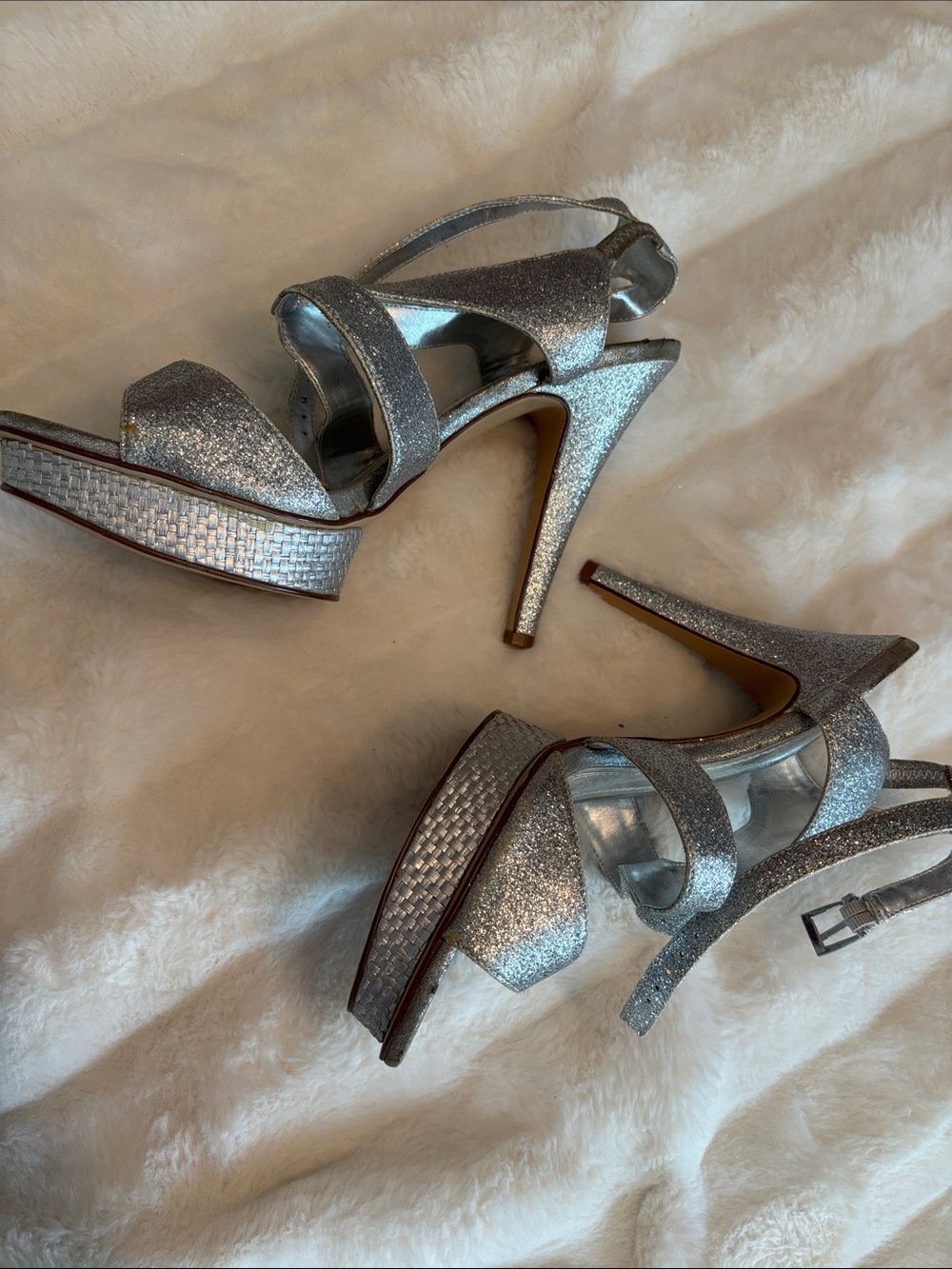 Women’s Metaphor Silver Glitter Strappy Platform Heels NEW 10